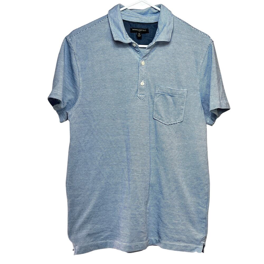 Blue White Stripe Nautical Polo Shirt Mens Medium Cotton Banana Republic Factory